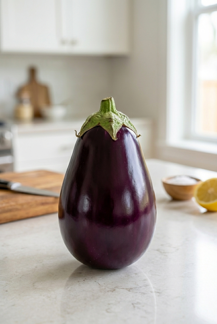 A whole glossy purple eggplant on a countertop