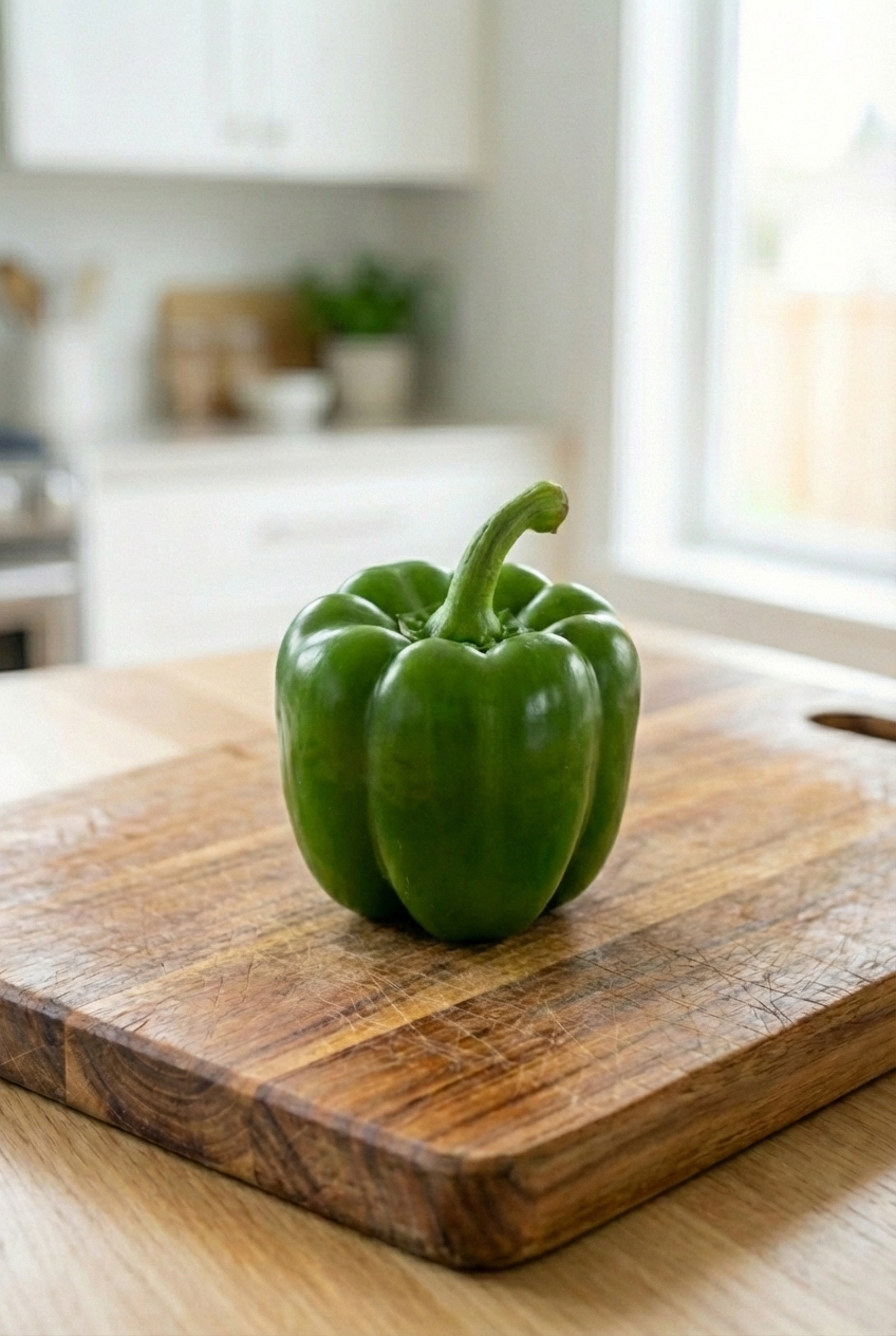 A whole green bell pepper on a kitchen counter