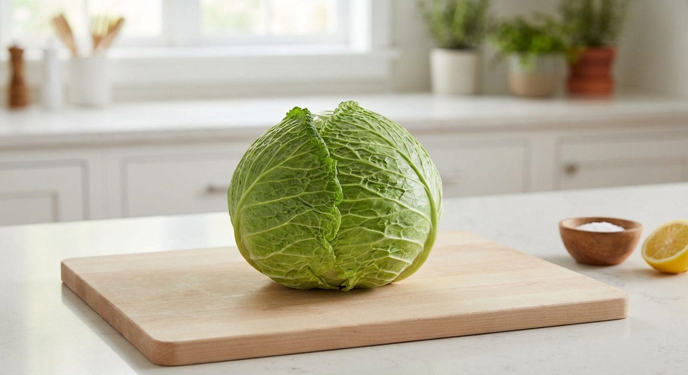 A whole green cabbage on a kitchen counter