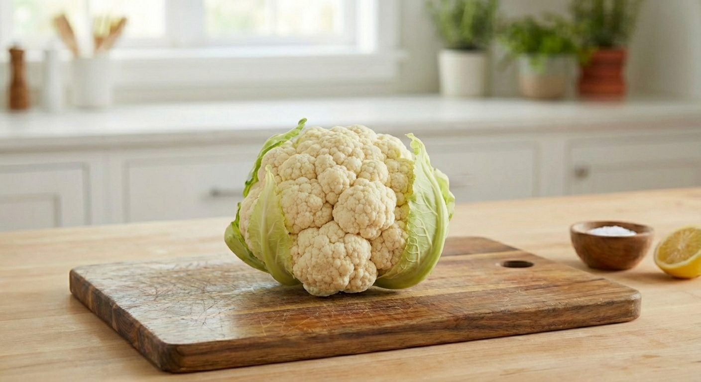 A whole head of cauliflower on a wooden table