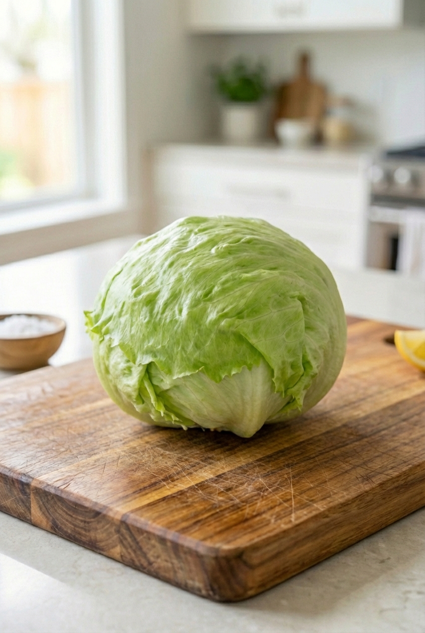 A whole iceberg lettuce head on a countertop