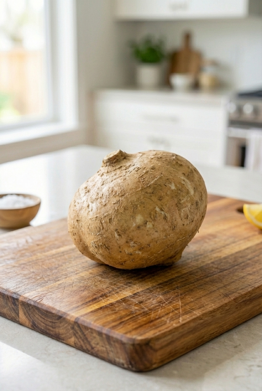 A whole jicama root on a kitchen counter