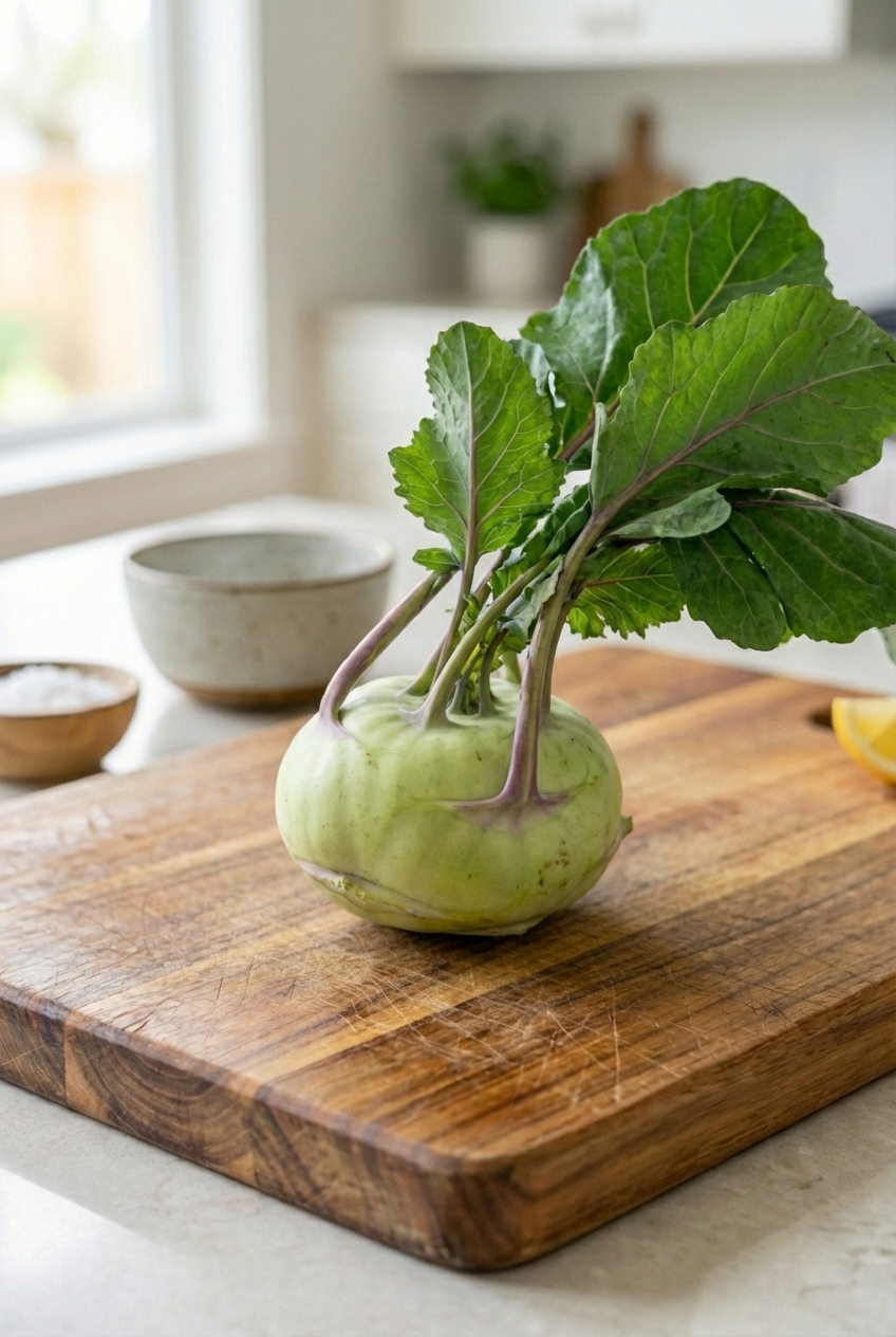 A whole kohlrabi bulb with leaves attached