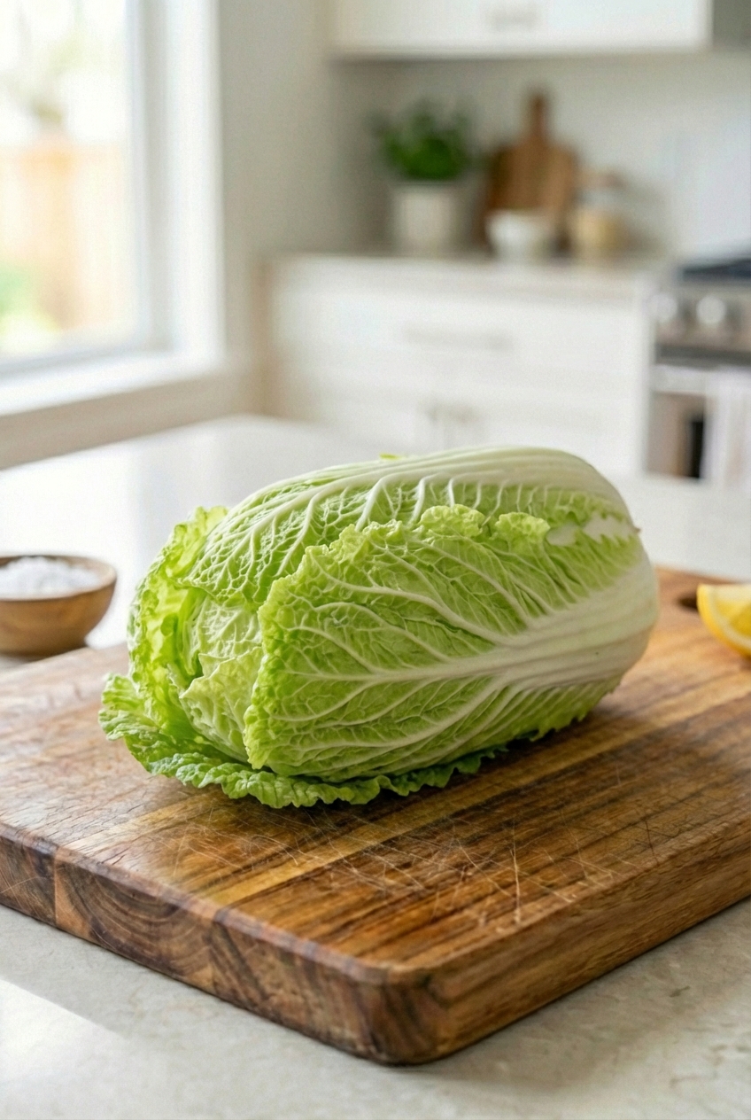 A whole napa cabbage on a cutting board