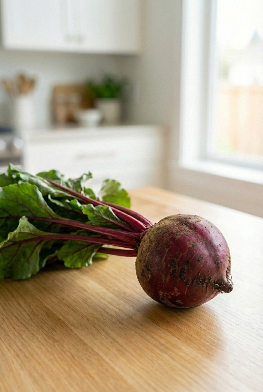 A whole raw red beet with greens attached on a countertop