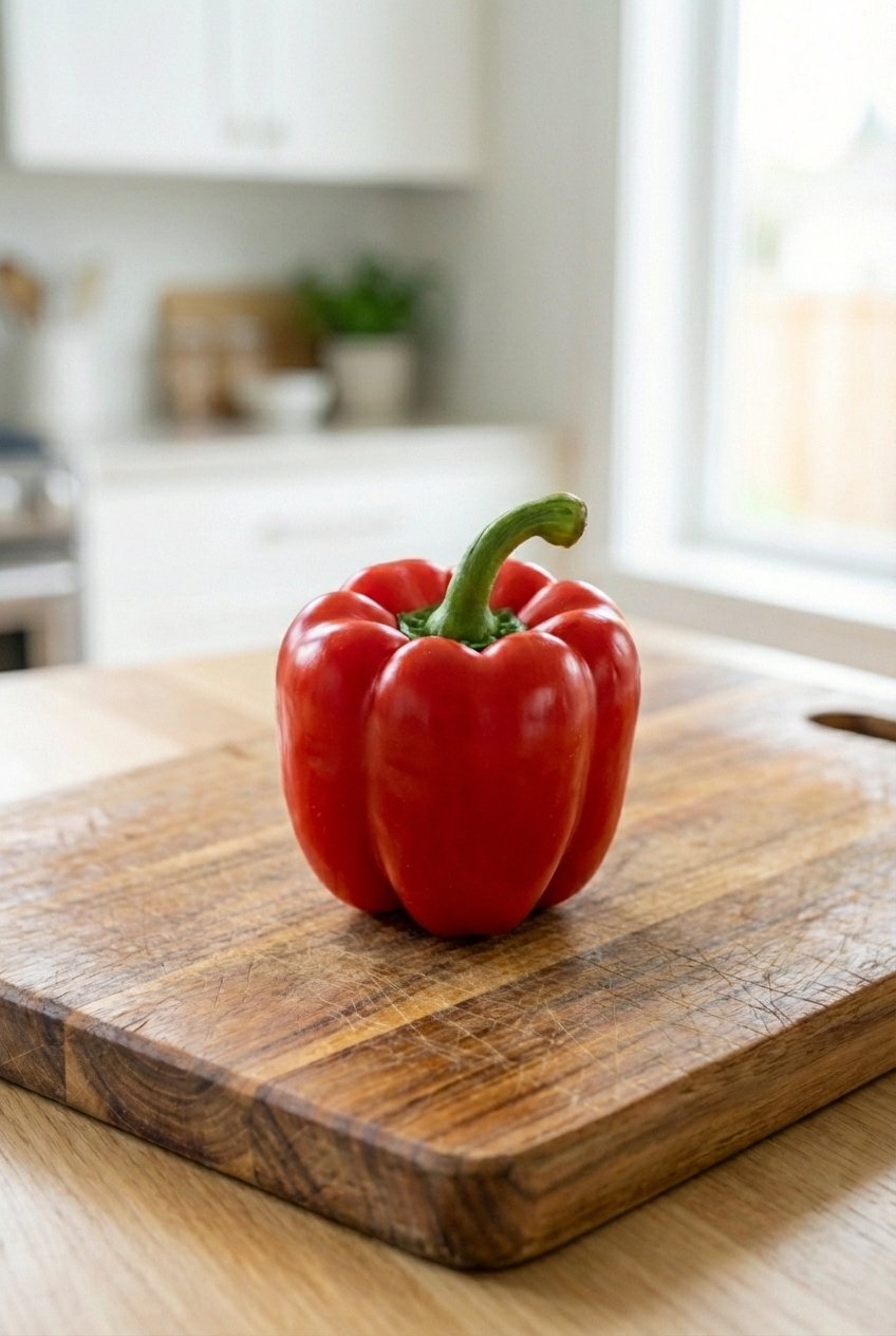 A whole red bell pepper on a wooden table