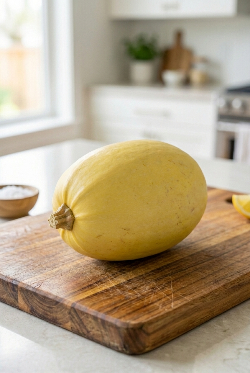 A whole spaghetti squash on a wooden table