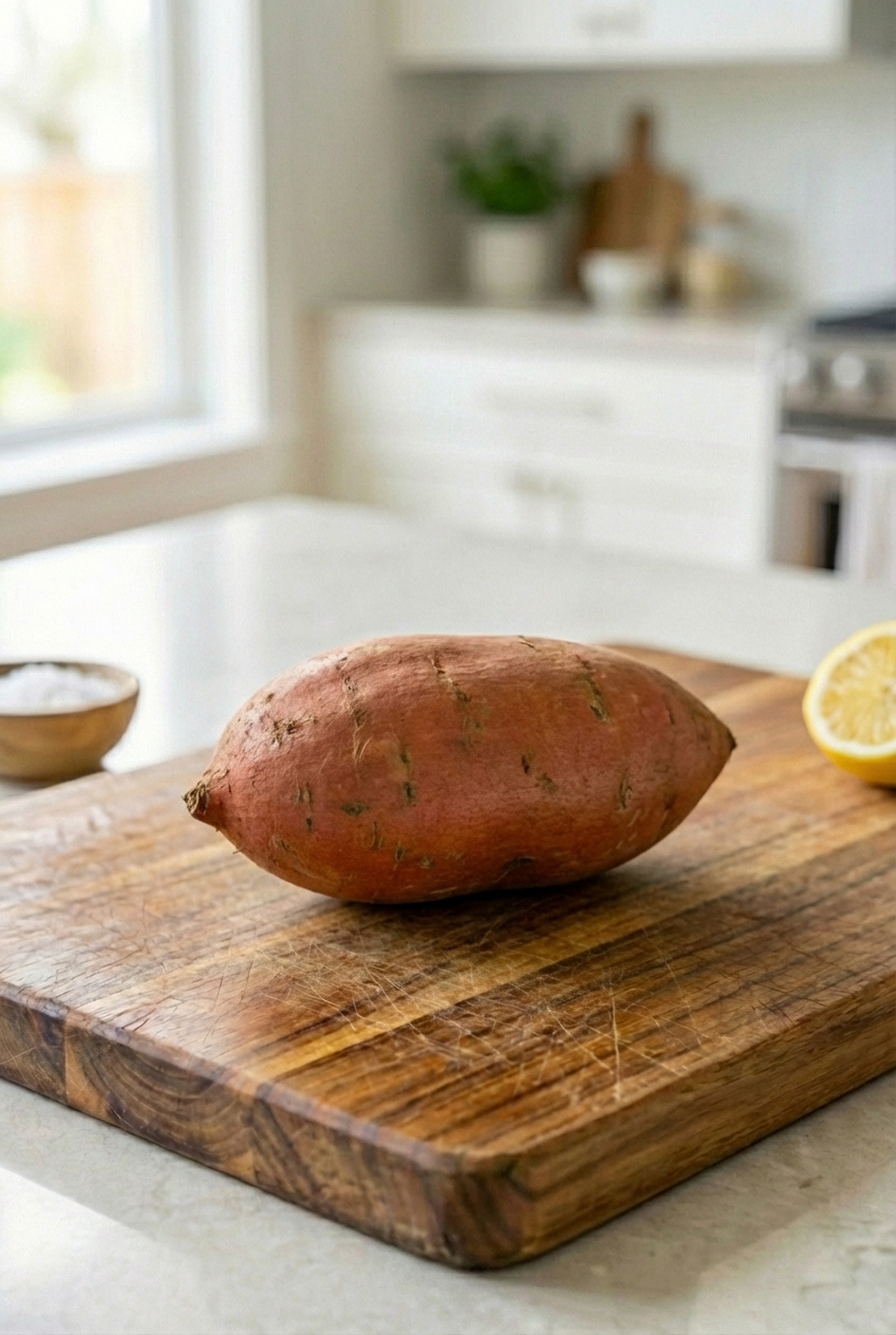 A whole sweet potato on a wooden cutting board