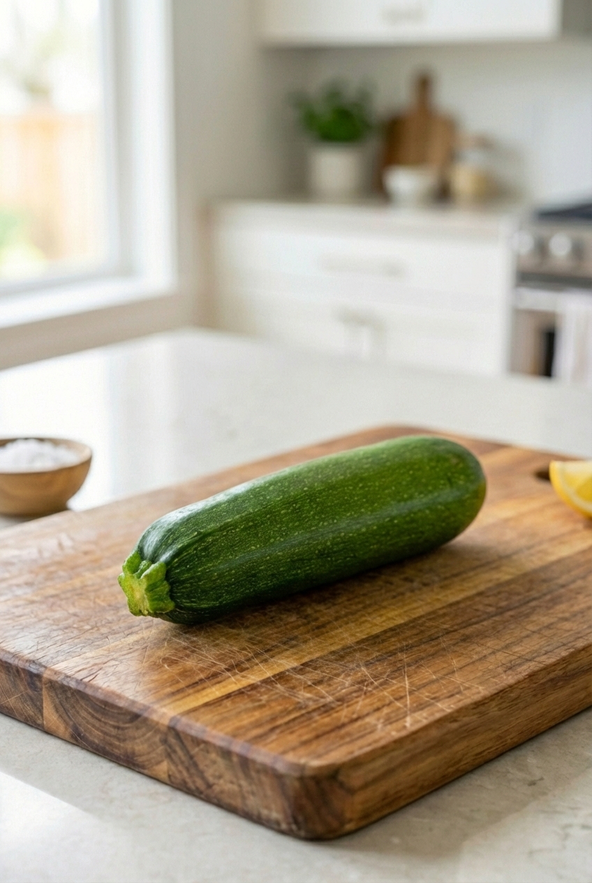 A whole zucchini on a cutting board
