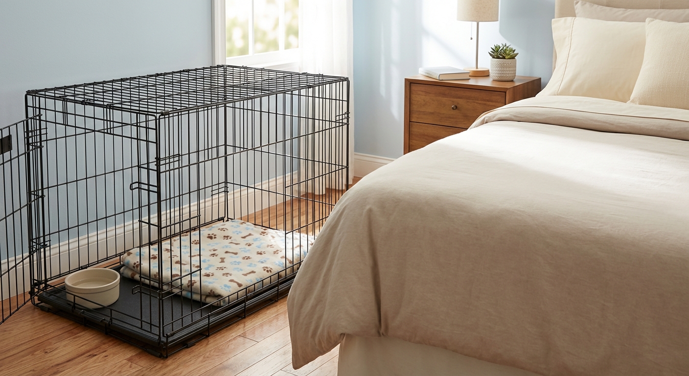 A wire crate placed beside a bed in a calm bedroom with a puppy blanket inside