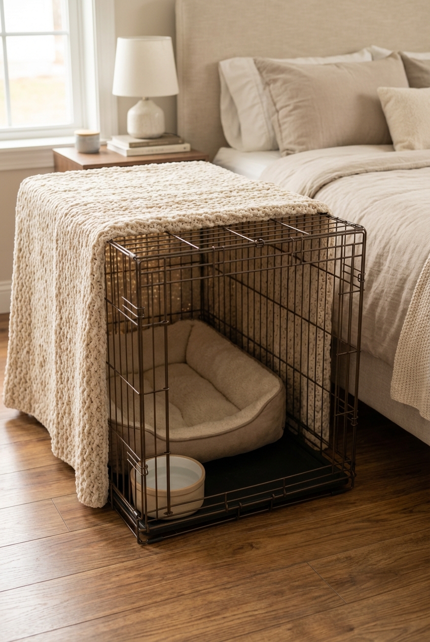 A wire dog crate in a bedroom next to a bed with a blanket covering two sides and a water bowl nearby