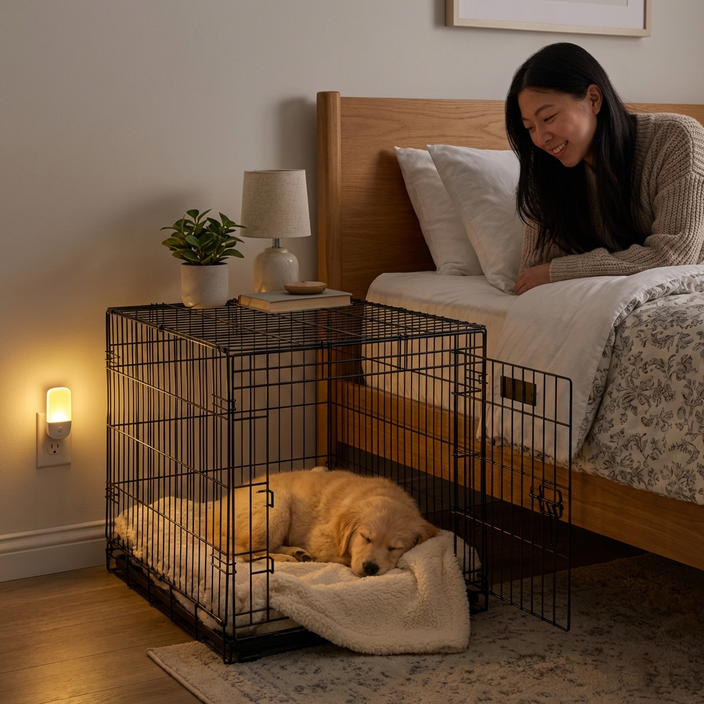 A wire dog crate positioned beside a bed with a puppy sleeping inside and a nightlight nearby