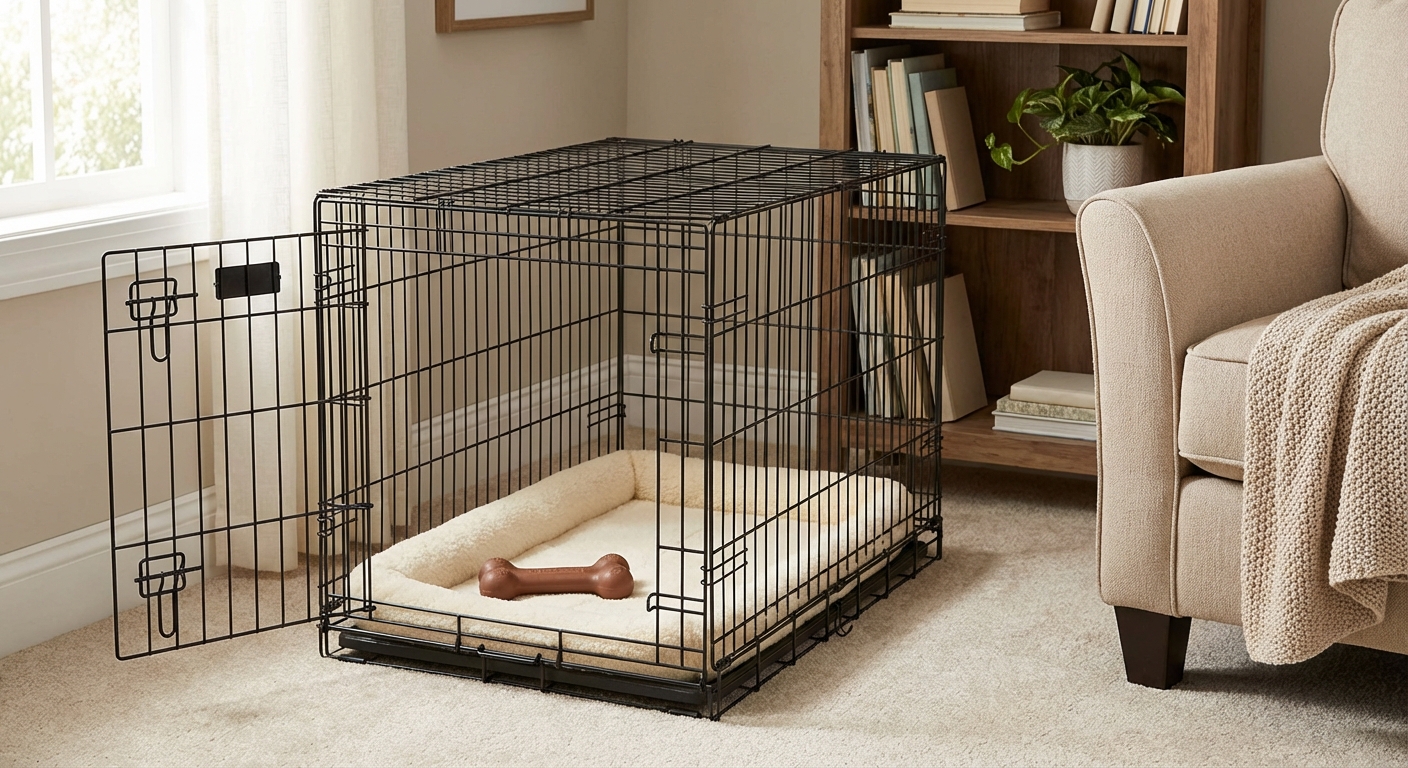 A wire dog crate set up with a simple bed and a chew toy placed in a quiet corner of a family room