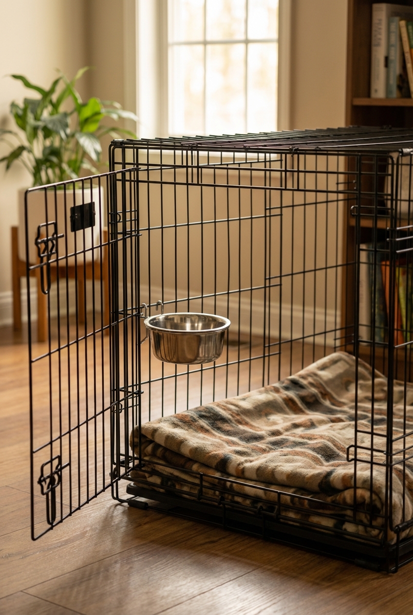 A wire dog crate set up with an open door, a water bowl clipped to the side, and a folded blanket in a quiet corner of a home