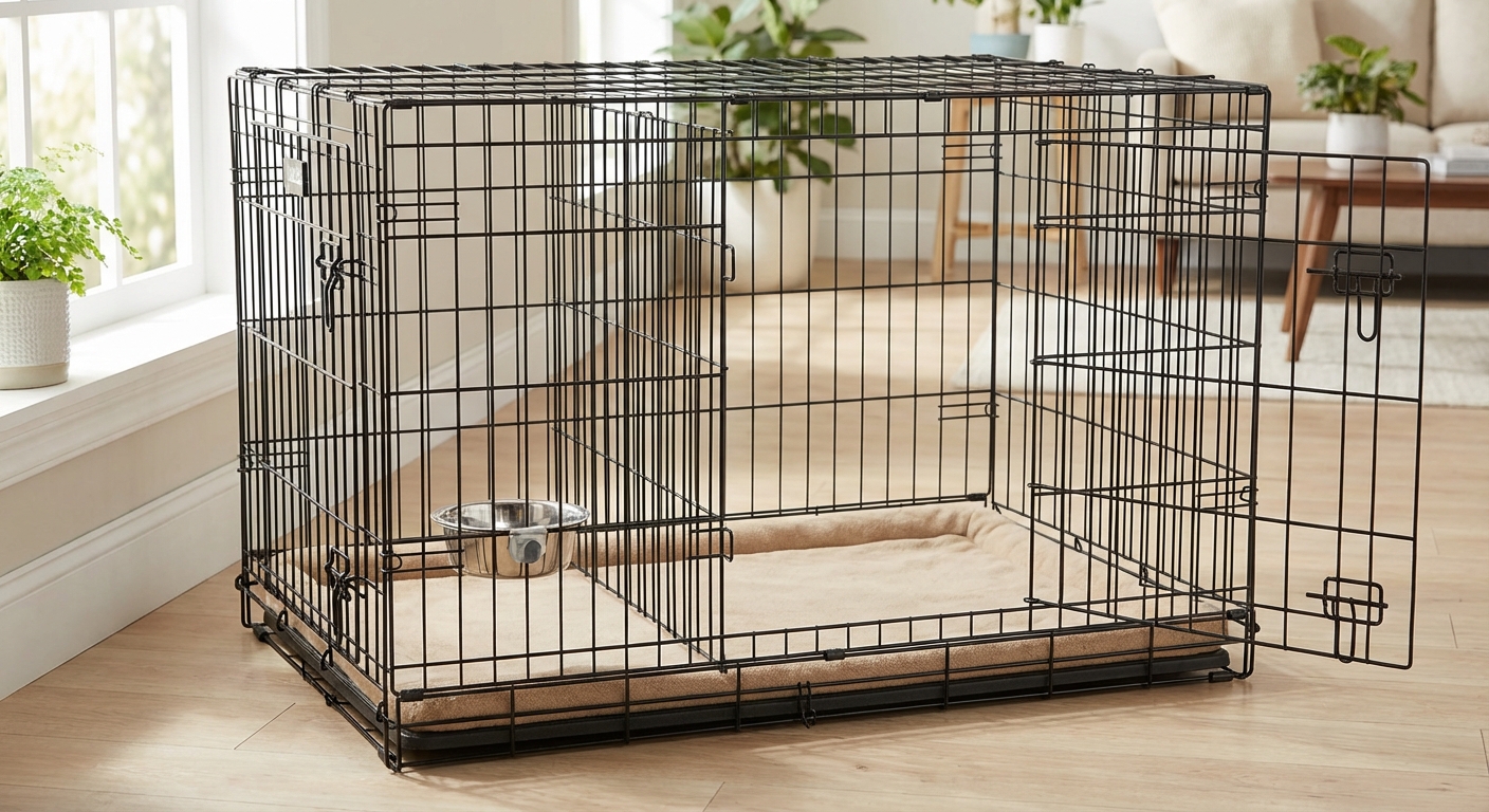 A wire dog crate with a divider panel, a simple mat, and a water bowl attached to the side