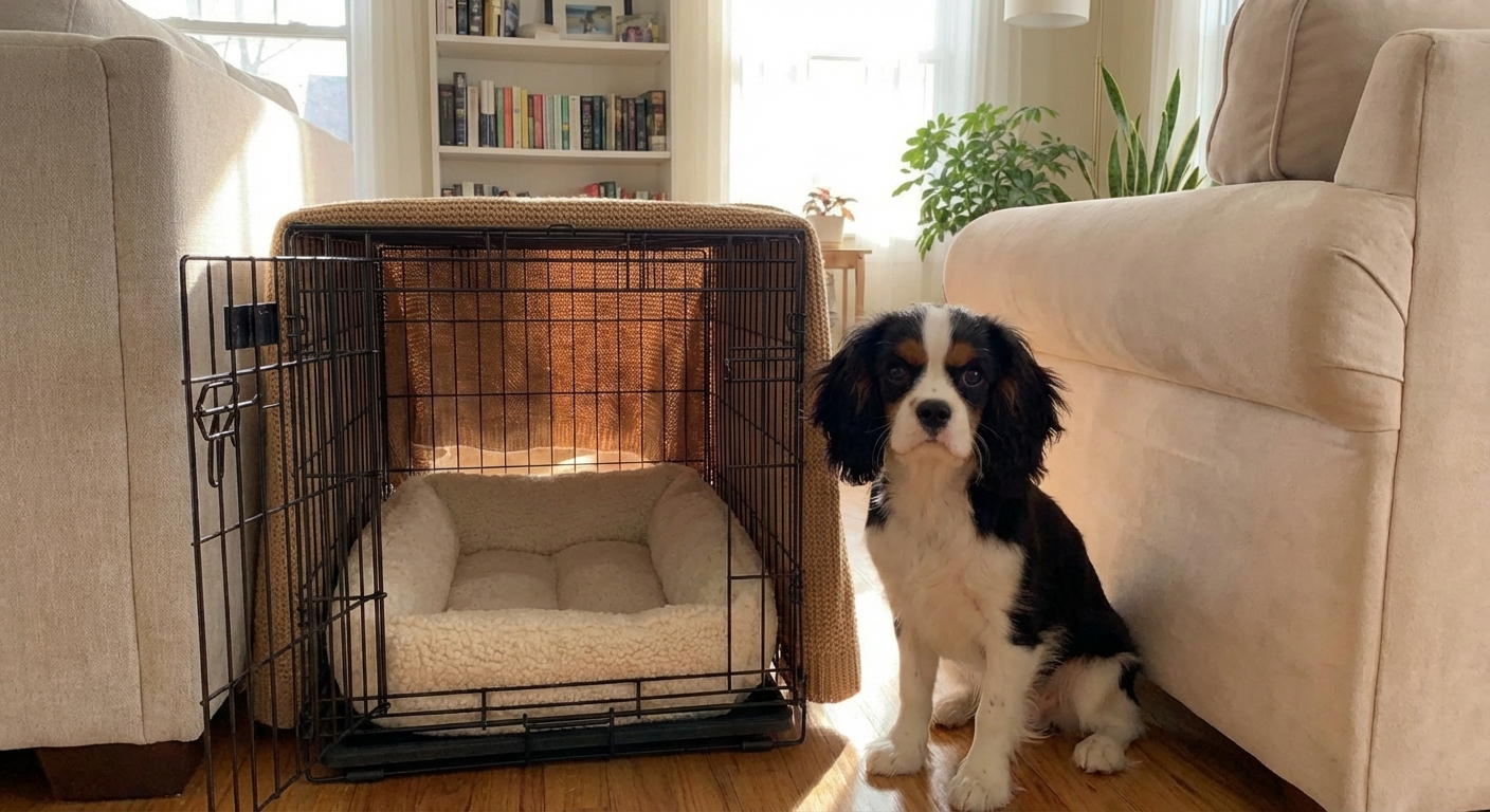 A wire dog crate with a simple blanket partially covering it, placed near a sofa in a cozy living room