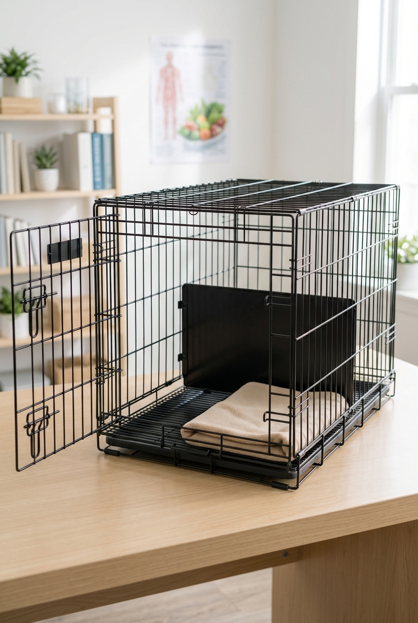 A wire dog crate with the door open and a divider panel installed