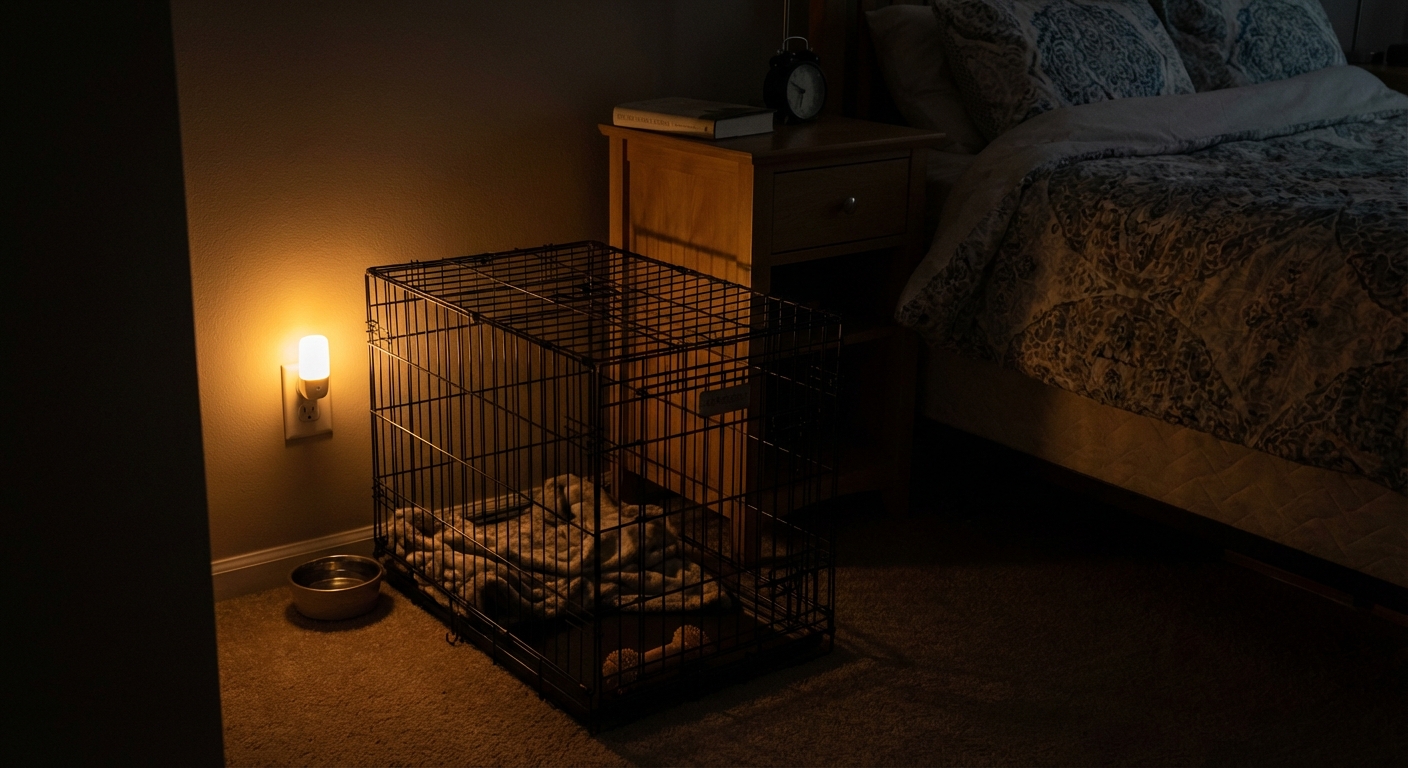 A wire puppy crate beside a bed in a dim bedroom with a small night light