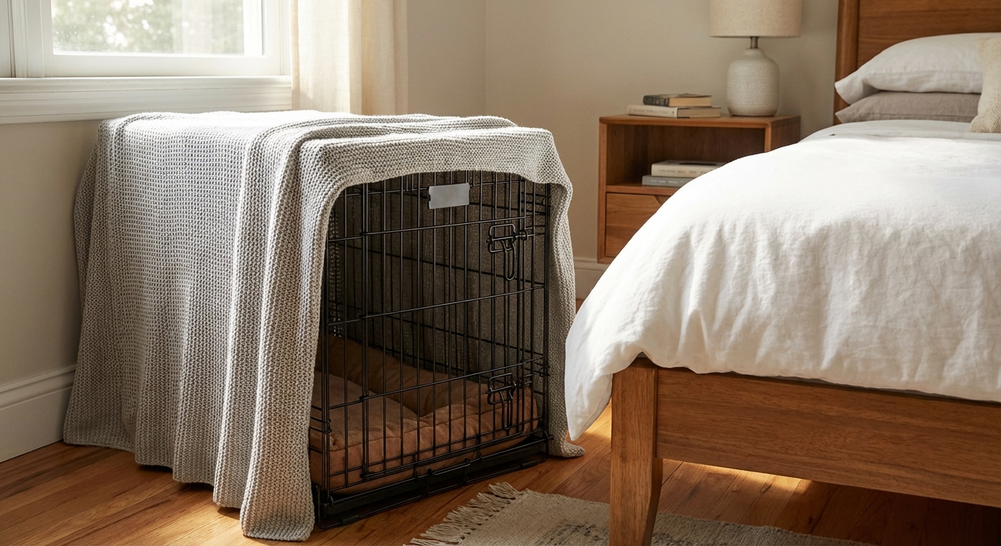 A wire puppy crate beside a bed with a light blanket covering the top and sides