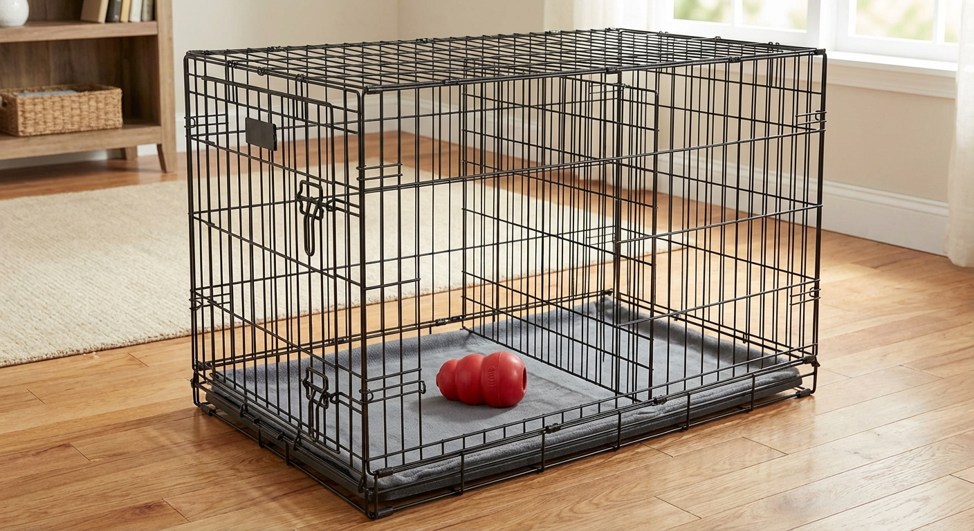 A wire puppy crate with a divider, a simple washable mat, and a chew toy placed inside
