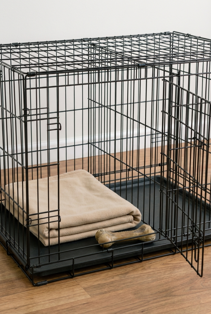 A wire puppy crate with a divider panel, a simple blanket, and a chew toy placed inside
