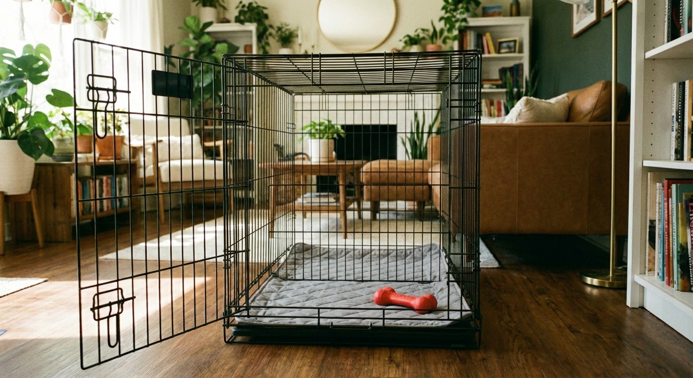 A wire puppy crate with a divider panel, a washable mat, and a chew toy placed neatly inside