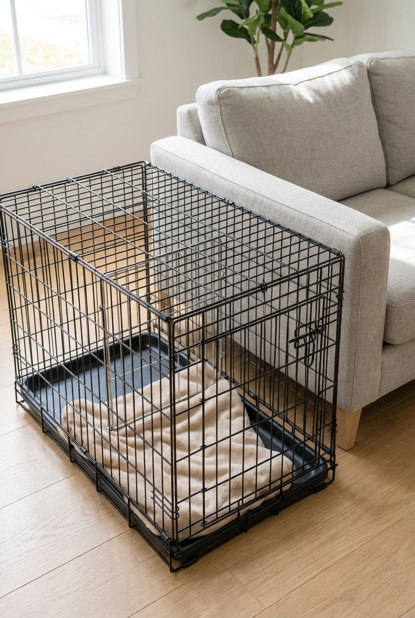 A wire puppy crate with a divider panel set up beside a couch