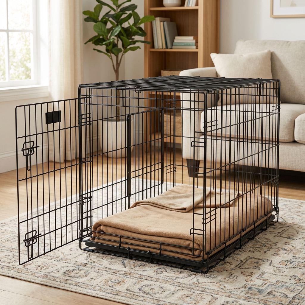 A wire puppy crate with a divider panel, simple bedding, and the door open in a family room