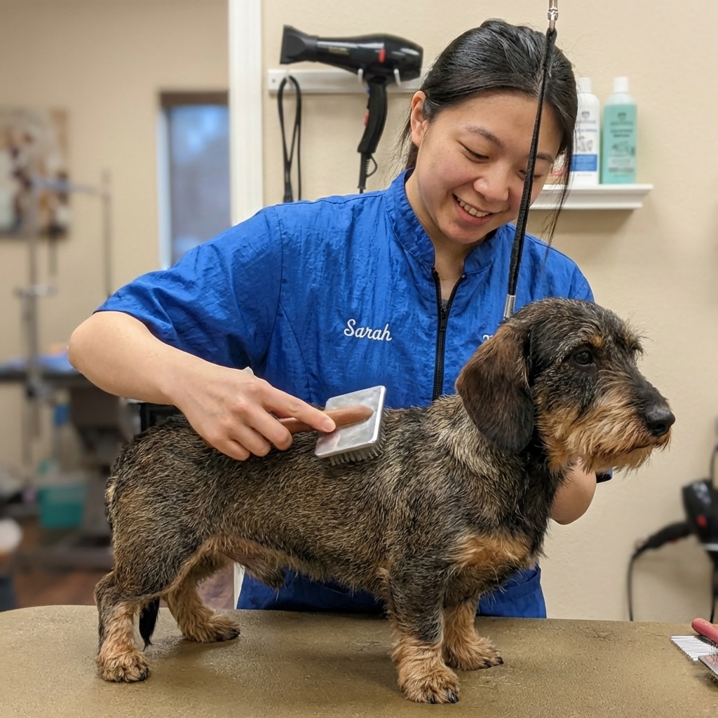 A wirehaired Dachshund standing on a grooming table while a groomer gently brushes its coat, real photograph