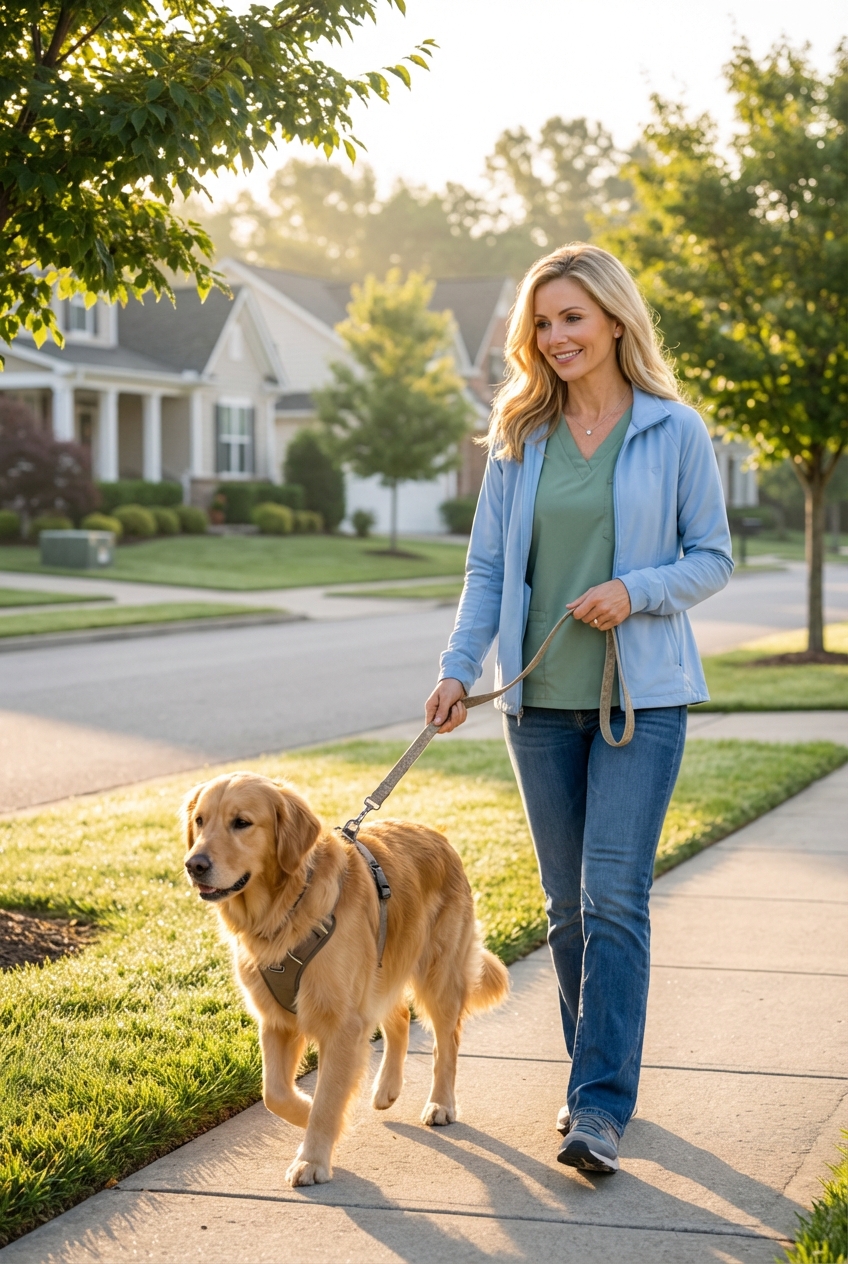 A woman holding a leash attached to a harness on a female dog during a quiet neighborhood walk in early morning light