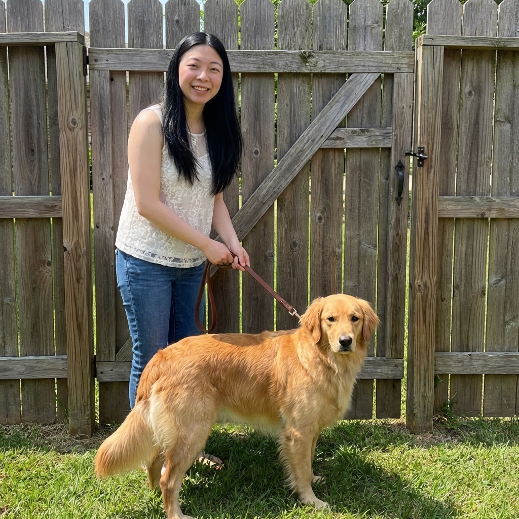 A woman holding a leash while her female dog stands near a closed backyard gate
