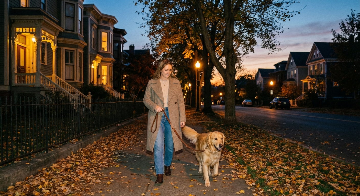 A woman holding a leashed dog on a quiet sidewalk during an evening walk