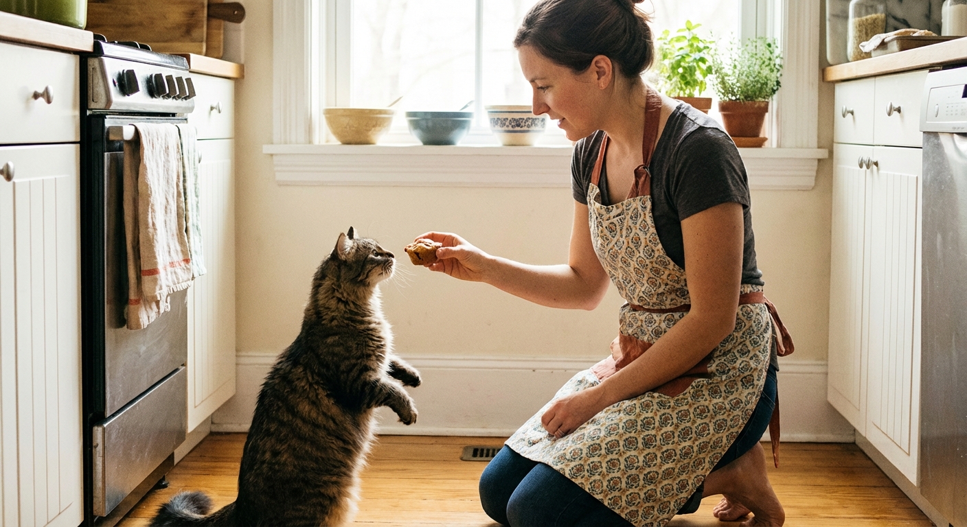 A woman offering a tiny homemade treat to a cat in a bright kitchen