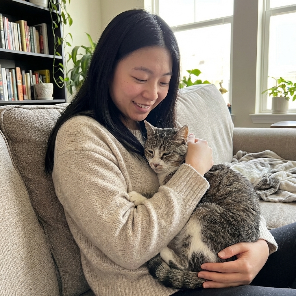 A woman sitting on a living room couch holding her elderly cat close to her chest, calm emotional moment, natural indoor light, photorealistic pet photography