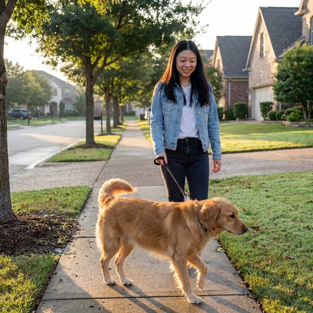 A woman walking a leashed female dog on a quiet neighborhood sidewalk in early morning light