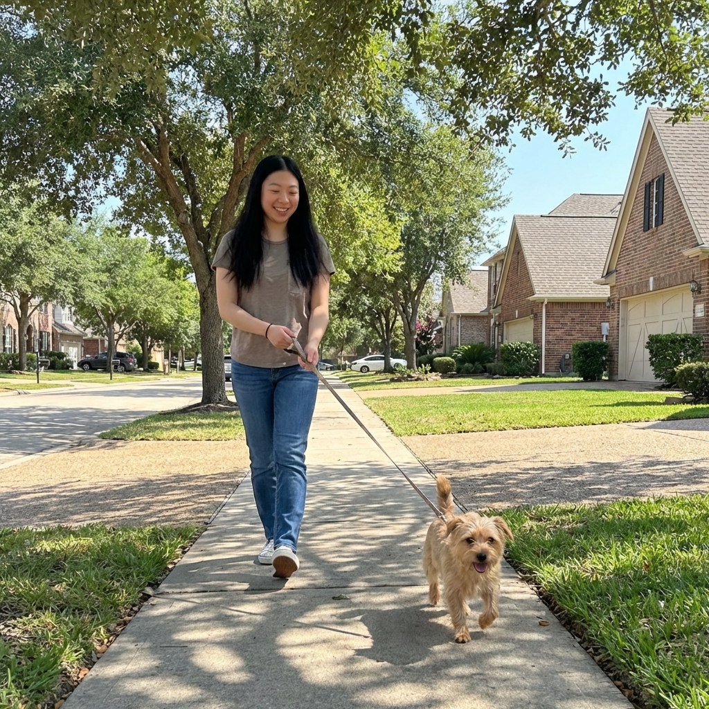 A woman walking a small dog on a leash along a quiet suburban sidewalk in daylight