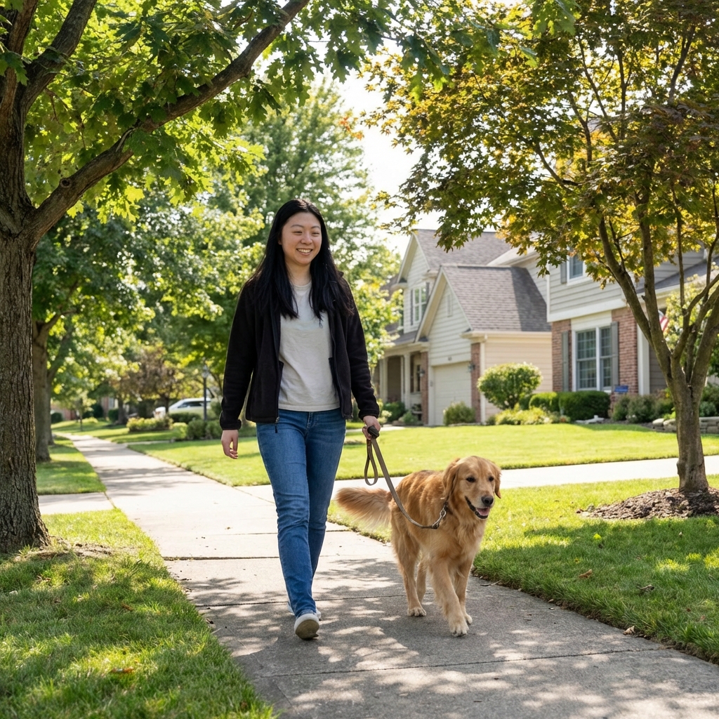A woman walking her dog on a leash in a quiet neighborhood with trees