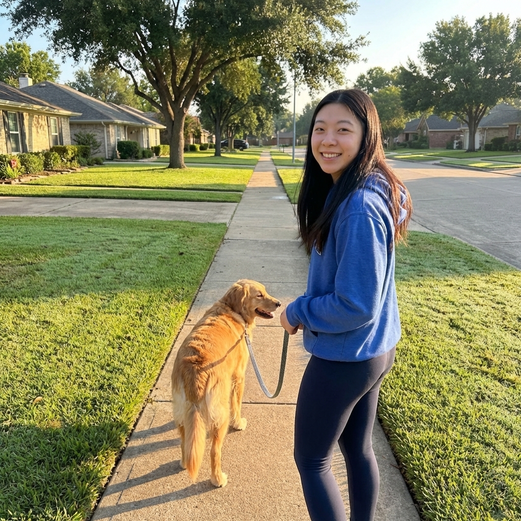 A woman walking her dog on a leash on a quiet suburban sidewalk in the early morning light, photorealistic