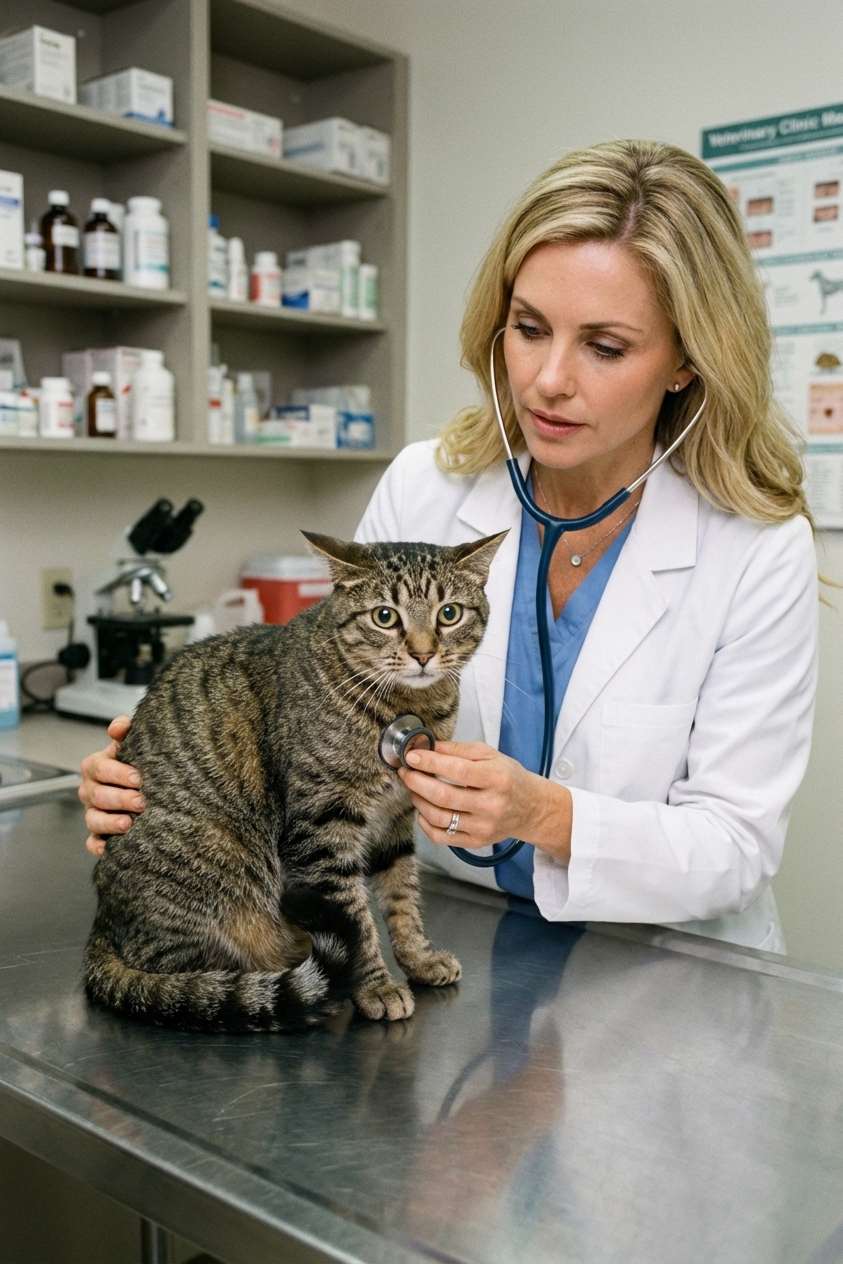 A worried cat sitting on an exam table at a veterinary clinic while a veterinarian gently examines the cat, realistic documentary-style photo