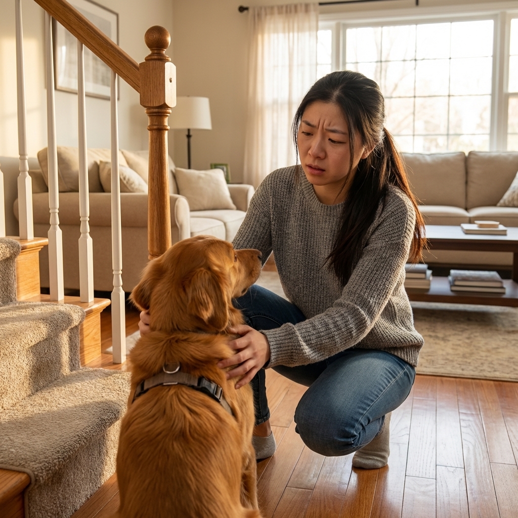 A worried dog owner gently moving a medium-sized dog away from a staircase in a living room