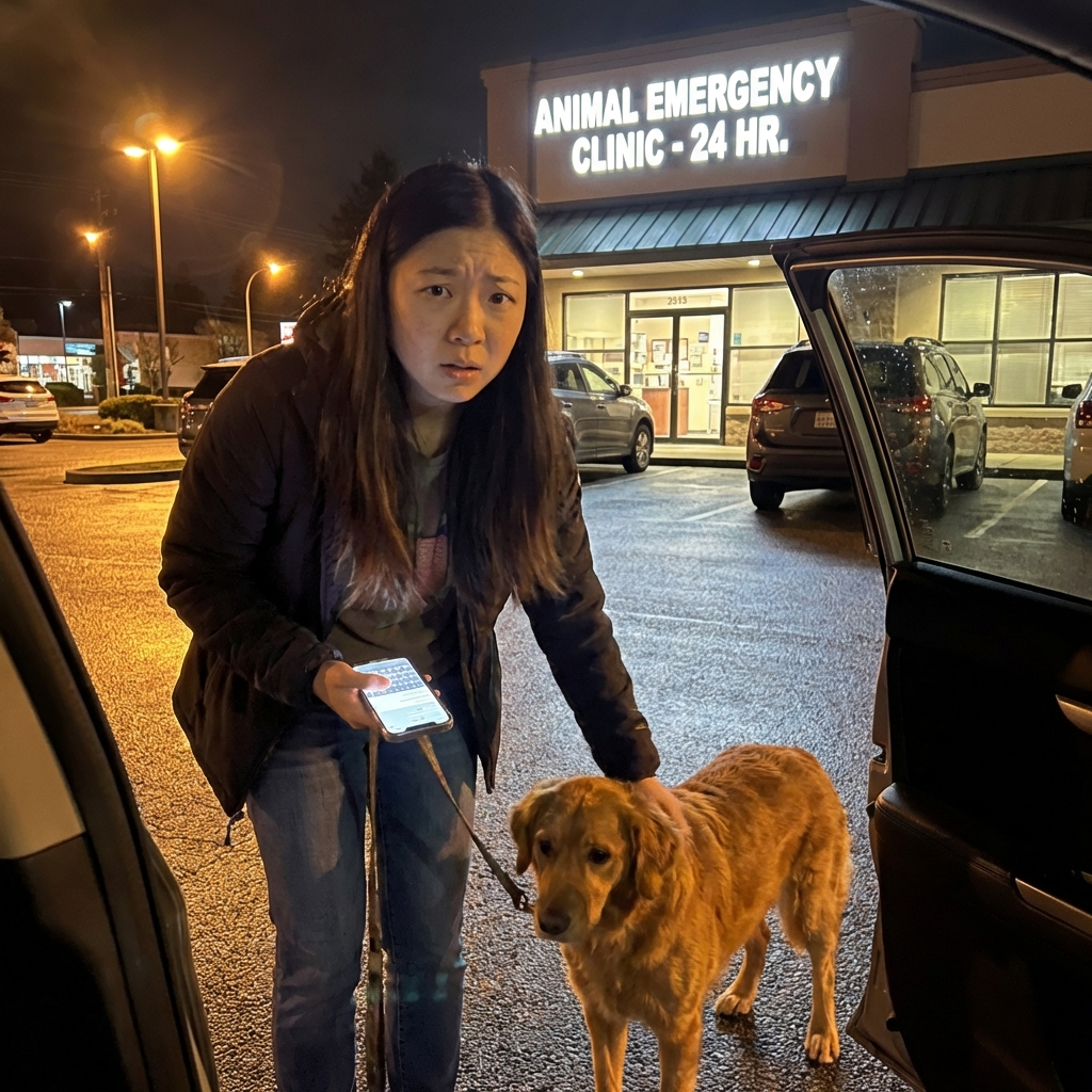 A worried dog owner holding a phone while gently guiding a dog toward a car at night outside a veterinary clinic