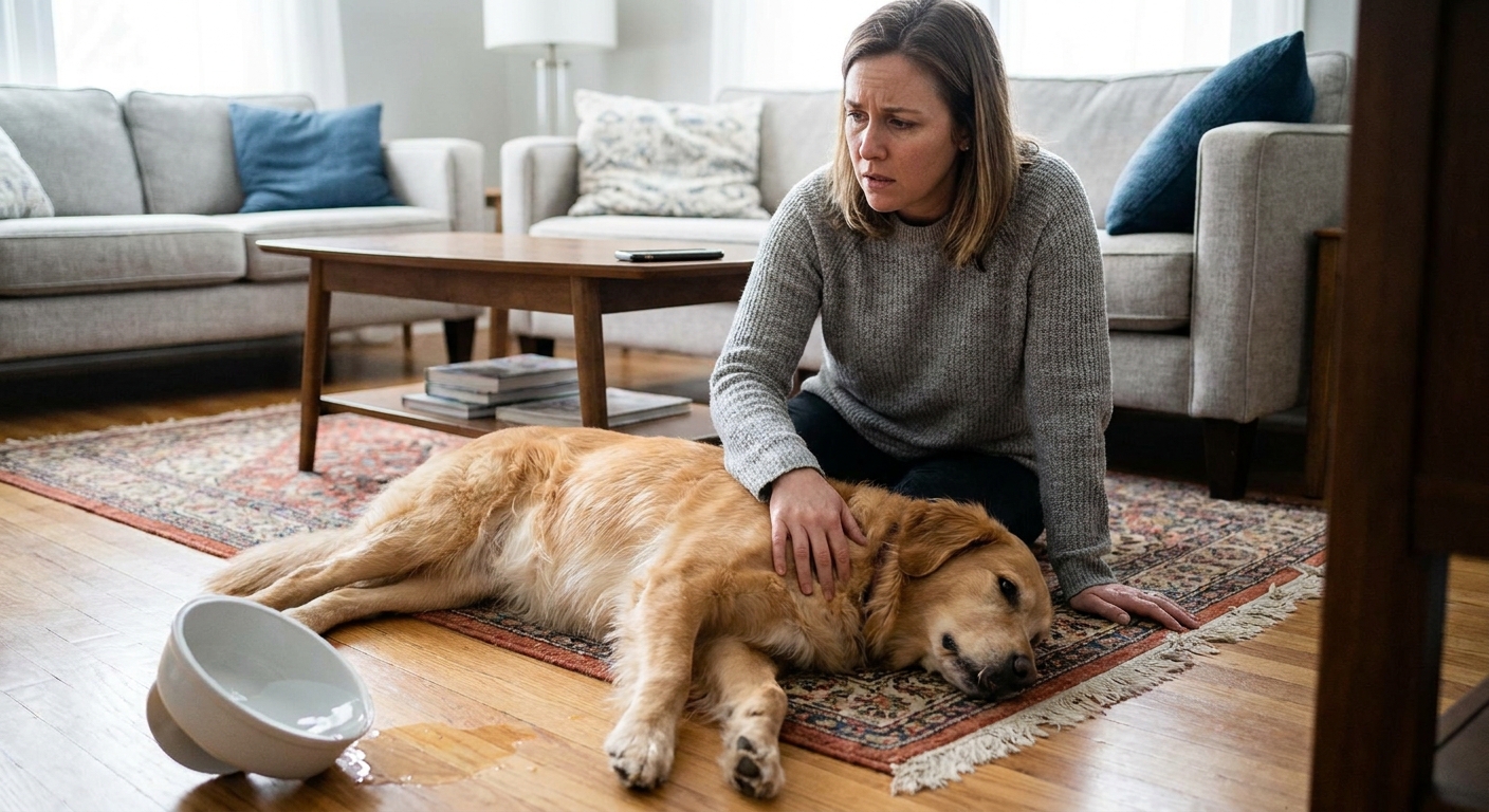 A worried dog owner kneeling beside a medium-sized dog lying on its side on a living room floor during a sudden collapse episode