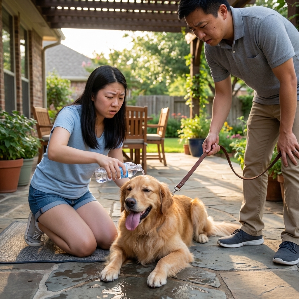 A worried dog owner kneeling on a shaded patio gently pouring cool water over a panting dog while another person holds a leash, real-life outdoor photograph