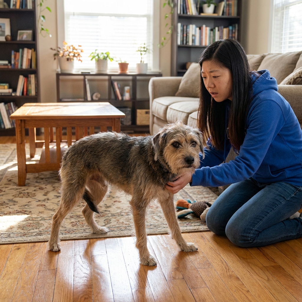 A worried dog standing unsteadily on a living room floor while an owner kneels nearby