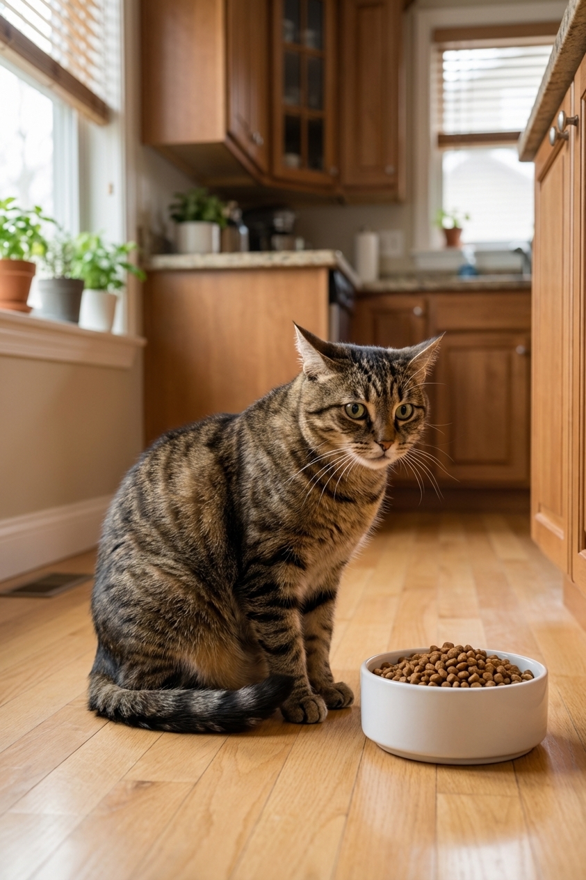 A worried-looking adult tabby cat sitting beside a full food bowl in a quiet kitchen, natural indoor light, realistic photography