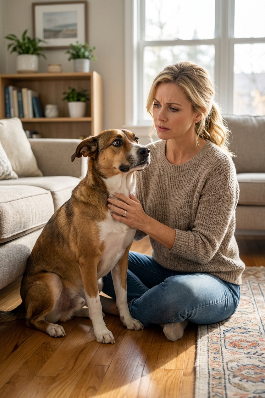 A worried mixed-breed dog sitting close to its owner on a living room floor while the owner gently pets its chest, natural home lighting