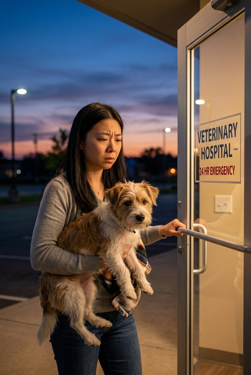 A worried owner carrying a dog into a veterinary hospital entrance at dusk