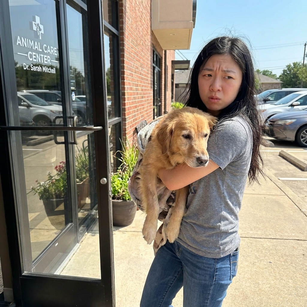 A worried pet owner carrying a weak dog into a veterinary hospital entrance in daylight, realistic photo