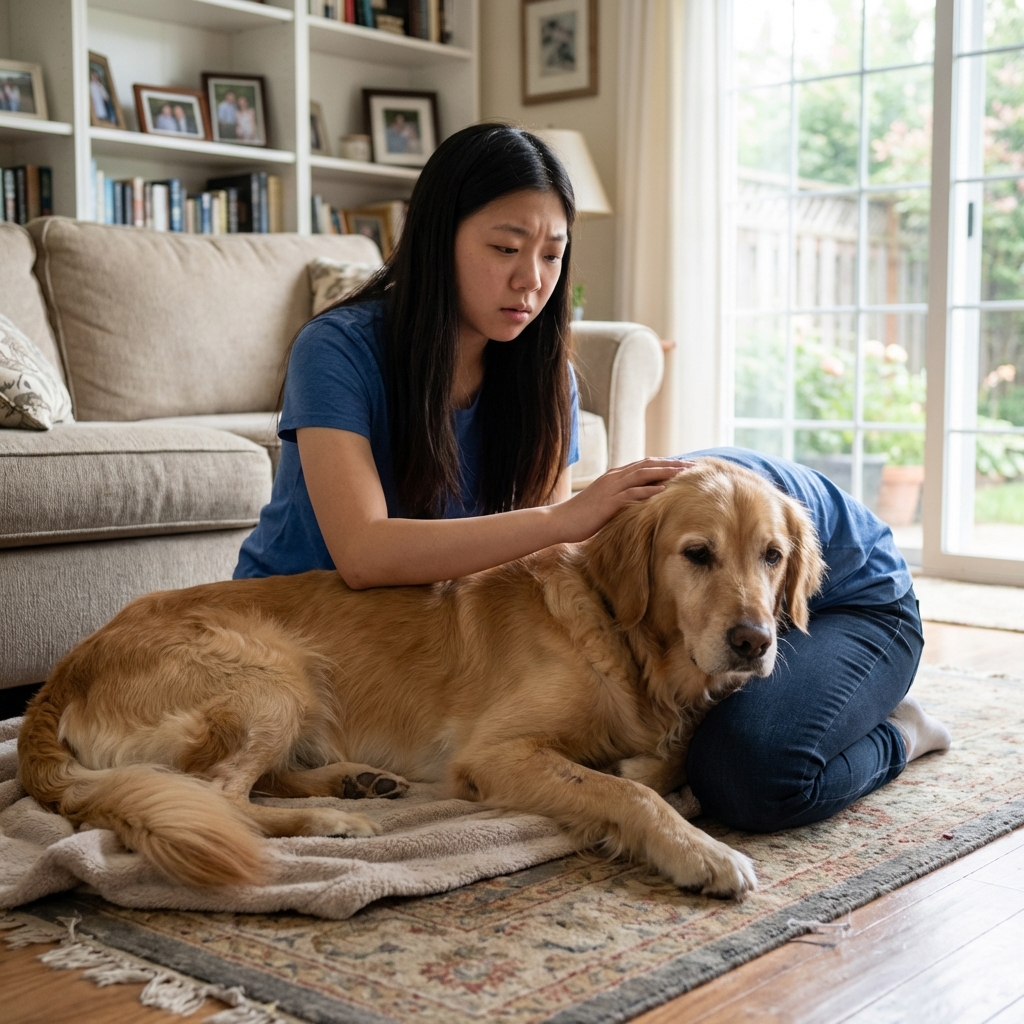 A worried pet owner kneeling beside a dog that looks weak and needs help in a home setting
