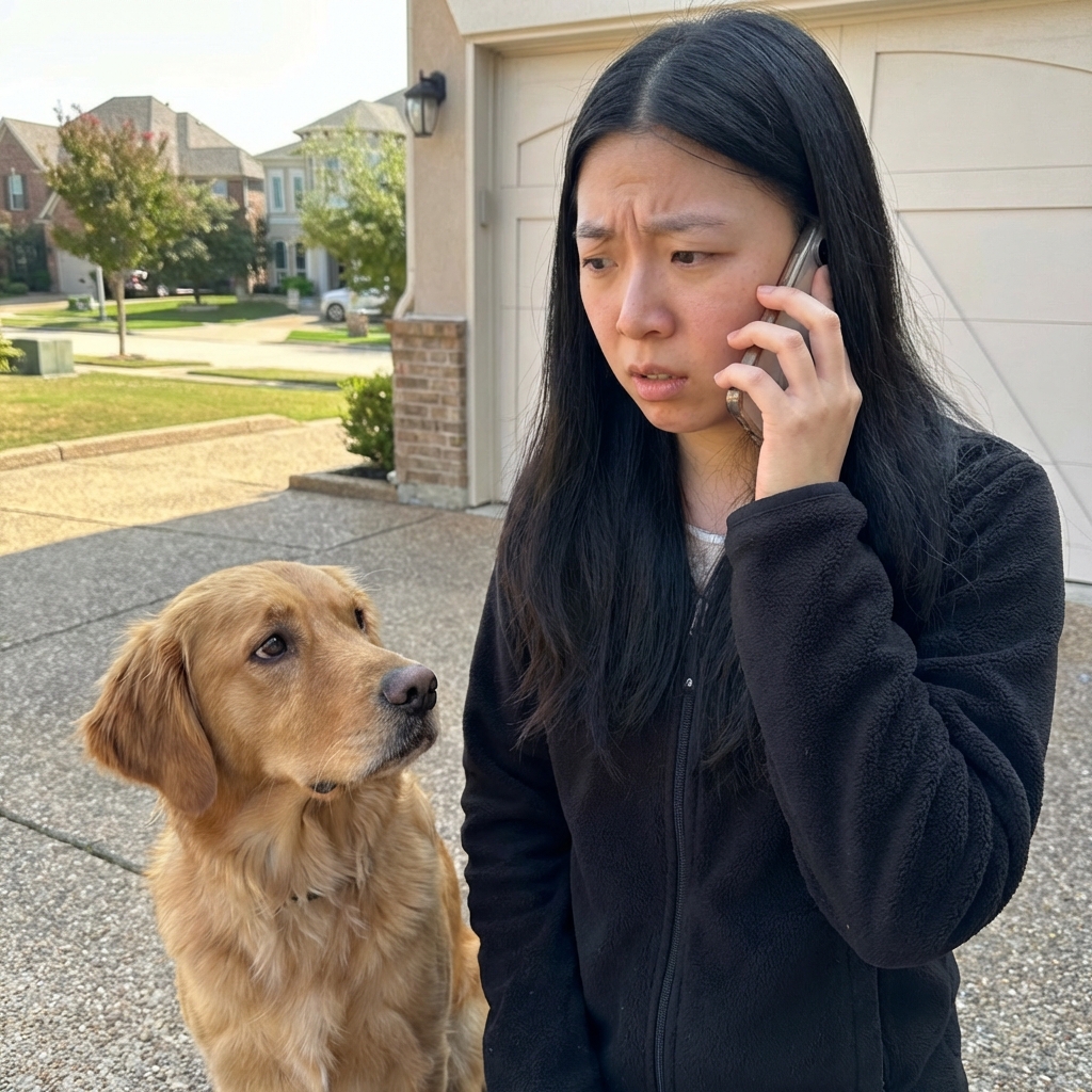A worried pet owner on a phone call while a dog sits nearby with a concerned expression